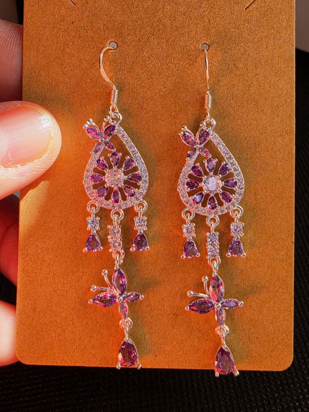 Silver-Tone Purple Teardrop Floral Dangle Earrings
